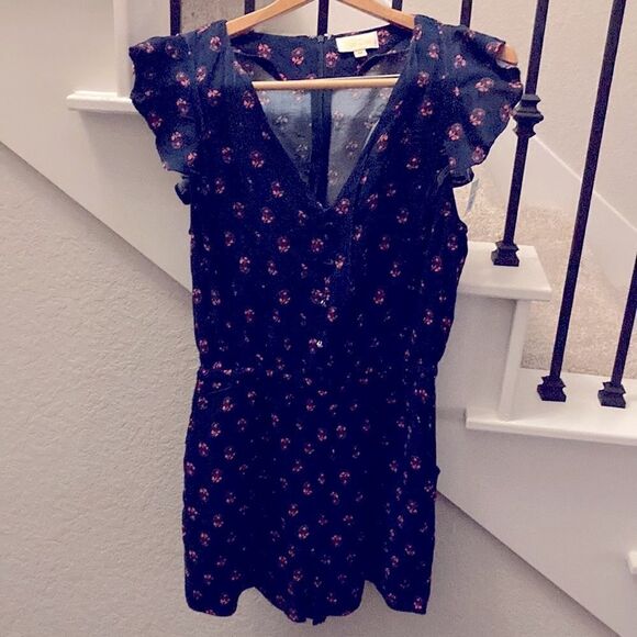 Vintage Mod cloth romper, w/pockets. Navy w/ pink flowers. Mock button front - Picture 2 of 7